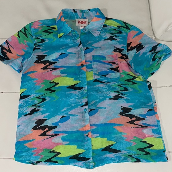 SOLID & STRIPED blue pink green colorful linen cotton short sleeved shirt xs - Picture 7 of 10